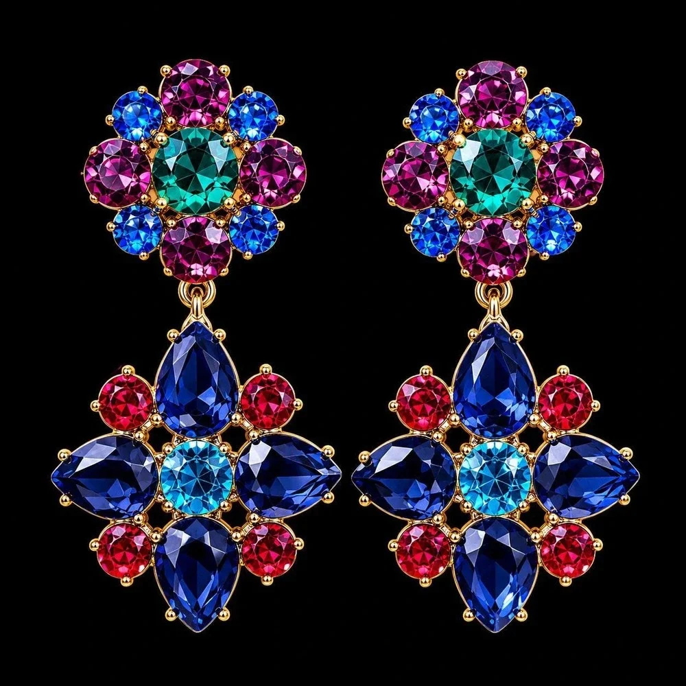 Vintage Y2K Monet Multicolor Crystal Statement Earrings Sample One of a Kind
